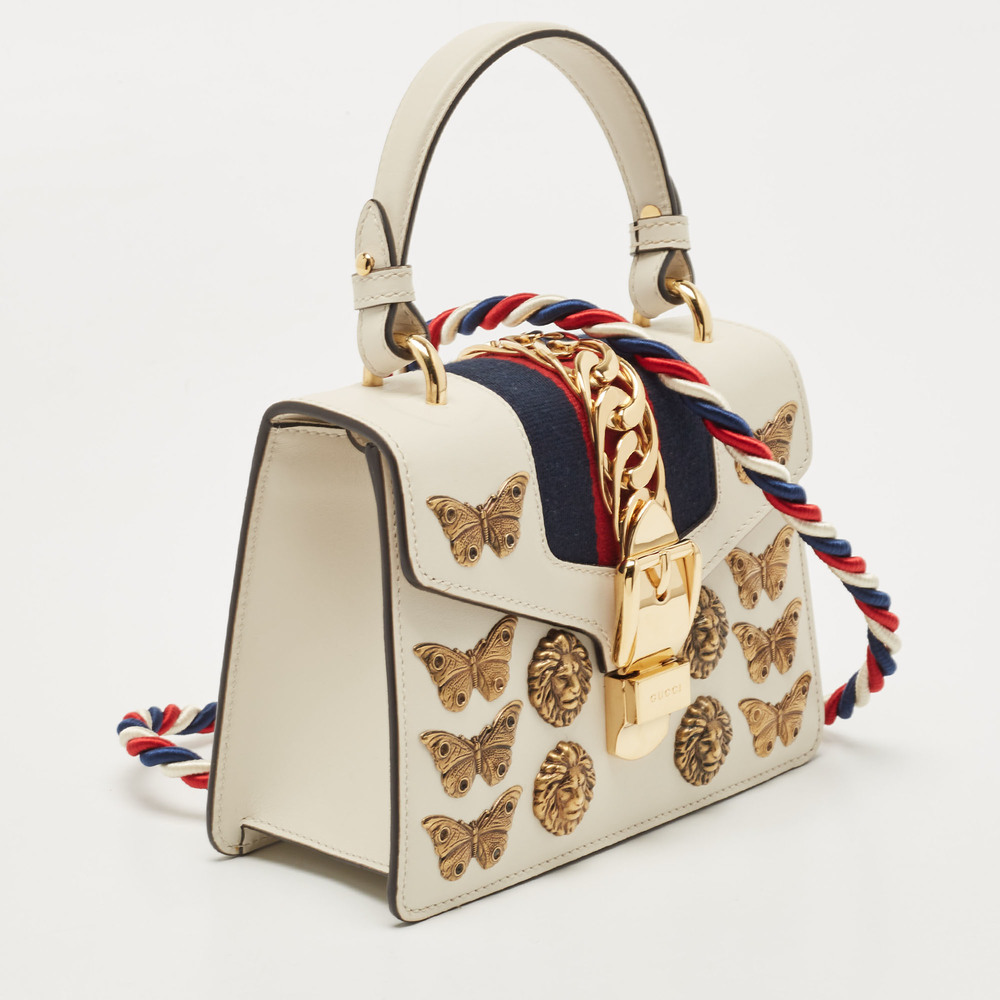 GUCCI Beige Leather Mini Sylvie Animal Stud Embellished Top Handle Bag - Picture 3 of 8